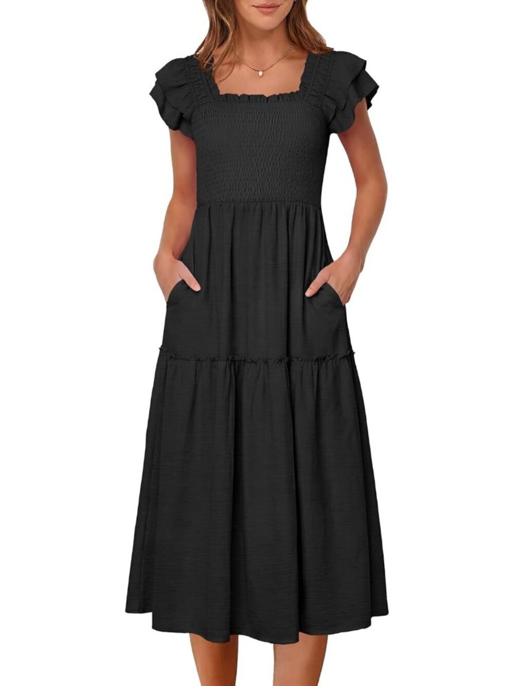 Caracilia Women's Black  Casual Ruffle Short Sleeve Square Neck Maxi Dress